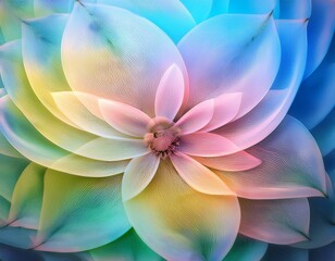 a radiant abstract flower with translucent pastel petals in pink blue green and yellow unfolds in perfect symmetry creating a luminous layered and ethereal digital composition