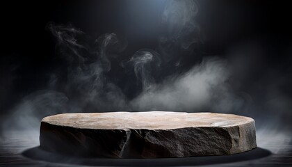 empty stone podium on a in a dark room with smoke background backdrop for product presentation advertising mockup showcasing with copy space