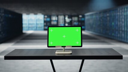 Green screen tablet in data center left running by engineers for software updates. Mockup device in server hub optimizing infrastructure supercomputers configuration for high performance