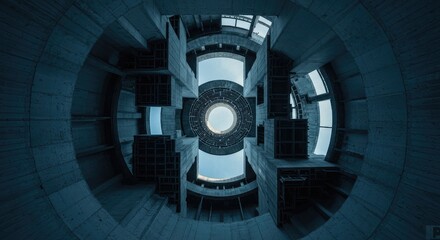 Intricate concrete structure, looking up at a circular, unfinished interior space