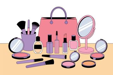 Fototapeta premium A collection of makeup products and accessories arranged on a table