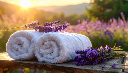 Rolled white towels with lavender flowers on wooden surface; sunny lavender field backdrop