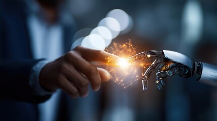 Faceless human and robotic hand connection digital transformation AI collaboration technology integration display intelligent systems interface 3D rendering visualization