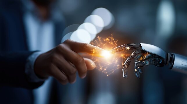 Faceless human and robotic hand connection digital transformation AI collaboration technology integration display intelligent systems interface 3D rendering visualization - Powered by Adobe