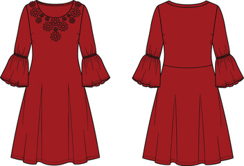 Vector technical fashion flat sketch, women's red tunic dress, bell sleeves, floral embroidery neckline, front and back view design.