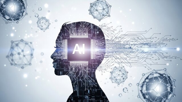 Silhouette of head with circuit board and glowing ai chip. - Powered by Adobe