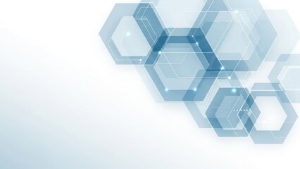 Abstract blue geometric background with overlapping translucent hexagons and light effects.