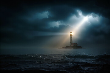 Lighthouse on rocky island, stormy sea, dramatic light beam cuts through dark clouds