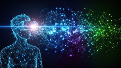 Wireframe person wearing virtual reality headset connecting to digital network
