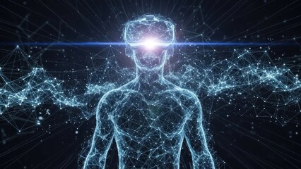 Human figure wearing virtual reality headset surrounded by digital network