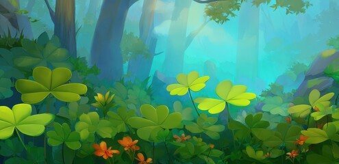 Clover plants in an enchanted forest, vibrant green leaves and small orange flowers, fantasy digital art style