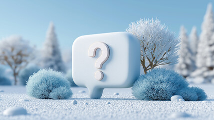 A serene winter landscape featuring a soft blue bush, frosty trees, and a large speech bubble with a question mark, inviting curiosity and contemplation.