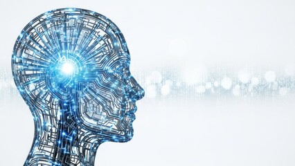 Wireframe human head profile with glowing blue circuits against white background.