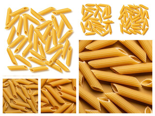 A collage with different arrangements and closeups of uncooked penne pasta showing yellow tubes on white and golden backgrounds with various angles and groupings