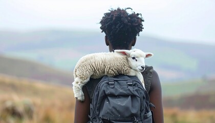 A person with dark skin carries a lamb on their back, in a misty, hilly landscape