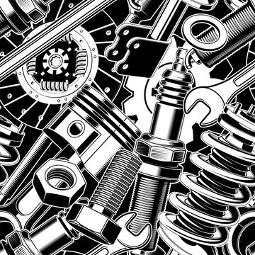 Auto parts seamless background. Vector. Background, wallpapers for a garage, car service, or fabric print.