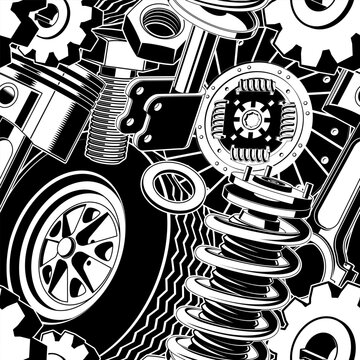 Auto parts seamless background. Vector. Background, wallpapers for a garage, car service, or fabric print.