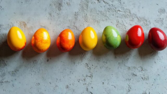 Colorful pastel eggs lined up in a row, representing a rainbow of colors, likely prepared for an Easter celebration or a craft activity.