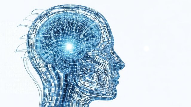Abstract digital human head profile with glowing blue circuits and data. - Powered by Adobe