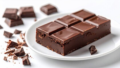 A close-up of a rectangular chocolate dessert with surrounding chocolate pieces