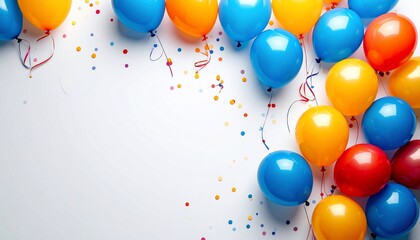 Festive scene featuring colorful balloons, confetti, and streamers scattered on a white backdrop