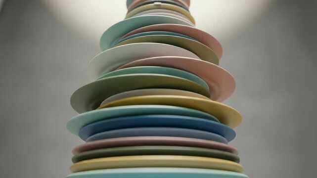 Three tall, wobbly stacks of colorful pastel plates create an abstract composition. Representing concepts of balance, instability, and modern design for kitchenware
