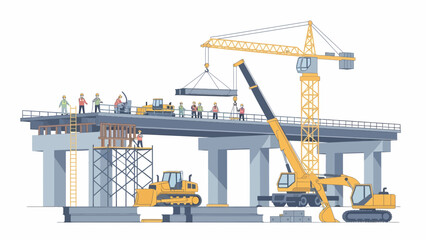 Construction of a modern bridge with heavy machinery and workers.