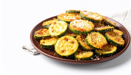 Crispy fried zucchini slices piled on a brown plate, resting on a white surface