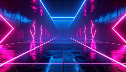 Futuristic, neon-lit corridor with reflecting floor and geometric light installations