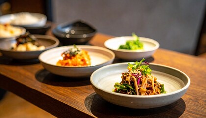 Exquisite dishes, a gastronomic delight. The image showcases beautifully arranged dishes on a wooden table, tempting one's appetite