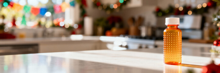 Orange medicine bottle with Braille dots on a kitchen counter. Prescription container for visually impaired accessibility with blurred Christmas background. World Braille Day panoramic banner