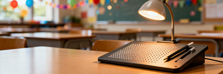 Braille slate and stylus on a wooden desk in a colorful classroom. Educational tool for the blind under a warm lamp. World Braille Day background with copy space