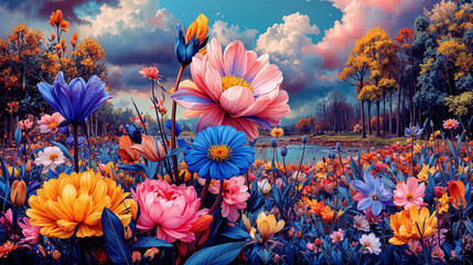 A vibrant field of colorful flowers, surreal landscape with dramatic sky and river