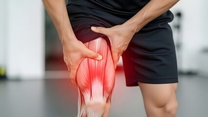 Man experiencing acute thigh muscle pain, highlighted with anatomical illustration of leg muscles. Sports injury concept.