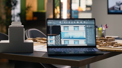 Development workspace with empty desks ready for property investment strategies, featuring architectural blueprints, housing plans and site preparation for sustainable urban growth.