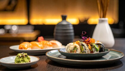 Close-up shot of sushi plates arranged on table with wasabi. This culinary shot captures various types of fresh sushi, appealing aesthetic for food lovers
