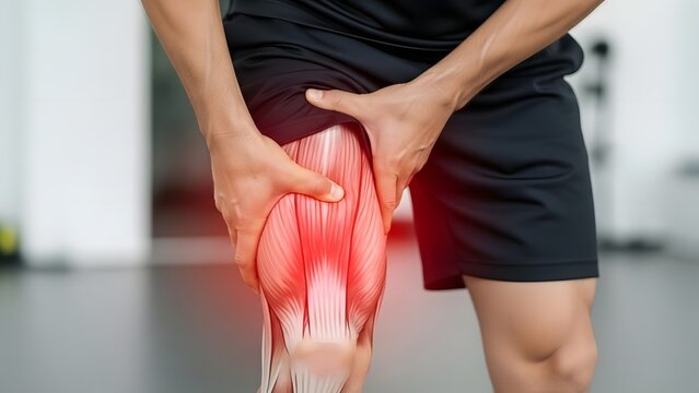 Man experiencing acute thigh muscle pain, highlighted with anatomical illustration of leg muscles. Sports injury concept.