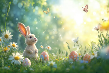 Easter bunny in meadow with decorated eggs and butterflies