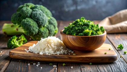 Fresh broccoli florets, cooked rice, wooden bowl, and cutting board on a dark surface