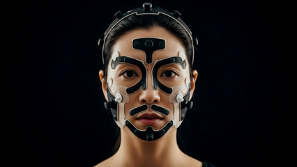 Asian Woman Wearing Motion Capture Facial Rig closeup portrait with black markers neutral expression highlights