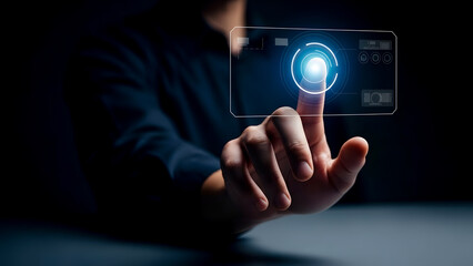 Hand Touching Glowing Futuristic Digital Interface business professionals reaching interaction with holographic