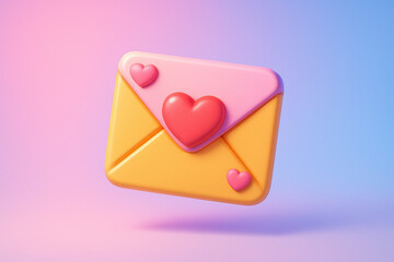 Yellow envelope with red heart and arrow on gradient pink blue background, love letter concept for Valentine's Day