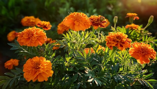 bright orange marigold flowers blooming in a sunny garden against a backdrop of dark green foliage flowers bright orange sun - Powered by Adobe