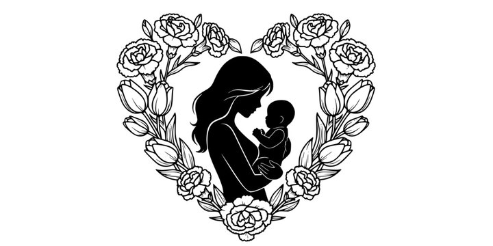 Mother holding baby silhouette inside floral heart wreath with carnations and tulips black and white vector