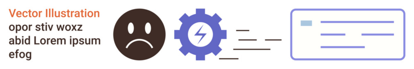 Obraz premium Workflow automation, productivity, data transfer, efficiency solutions, system optimization, business tools. Sad face, gear with lightning bolt speeding document. Workflow automation