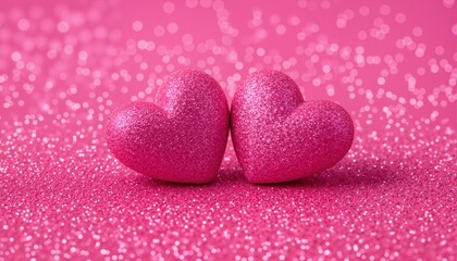 Fototapeta premium Two Hearts On Piсnk Glitter In Shiny Background - Valentine's Day Concept 