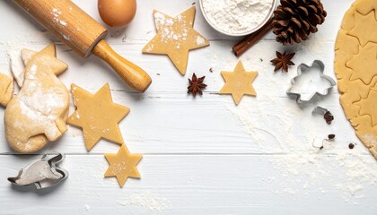 Ingredients and tools arranged for holiday cookie baking, overhead shot, white wood backdrop