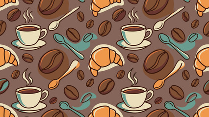 Seamless coffee pattern background. Stylized cafe theme. Hot cup of espresso and fresh croissant. Breakfast menu wallpaper. Flat vector illustration. Roasted beans. Cafe shop art.