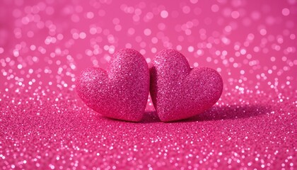 Fototapeta premium Two Hearts On Piсnk Glitter In Shiny Background - Valentine's Day Concept 