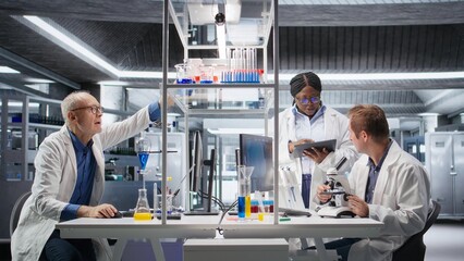 Team of experts investigate molecular samples at microscope with laboratory tray and lens system, magnification tools support diagnostics and biotechnology breakthrough in science.